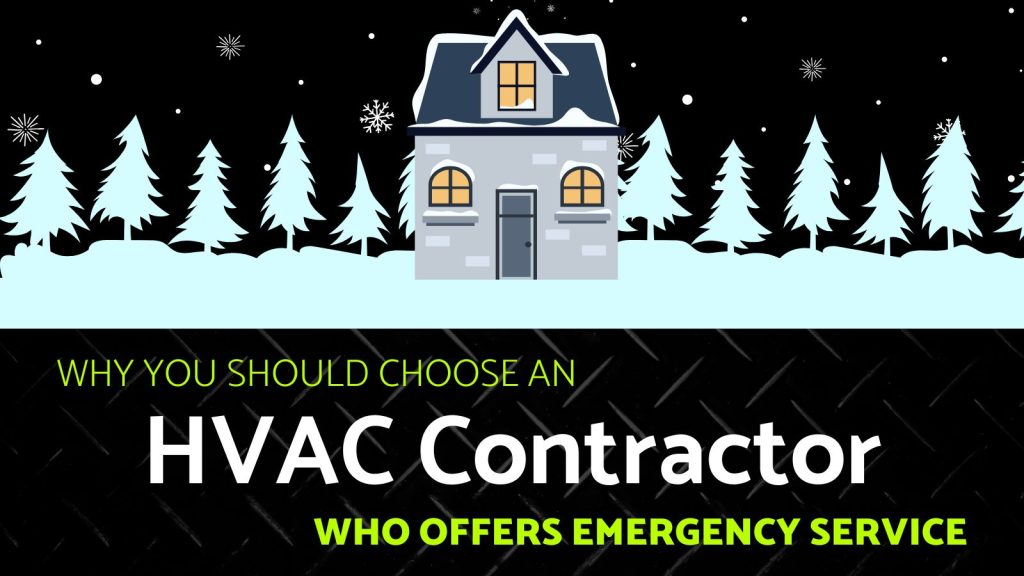 A graphic of a snow covered house on a dark night. Beneath it in light text reads, "Why you should choose an HVAC contractor who offers emergency service."