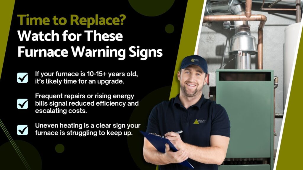 This is an image of a HVAC tech with a clipboard standing in front of a furnace. The headline reads; 4 Signs Your Furnace May Be Past Its Prime.