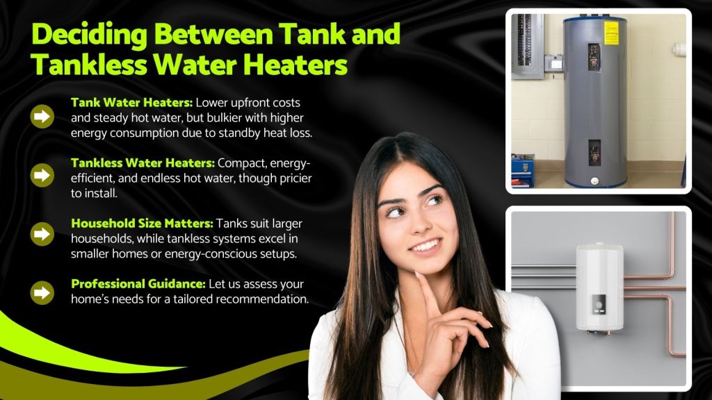 This is an image of a girl contemplating if she should choose a tank or tankless water heater. The headline reads; Deciding between tank and tankless water heaters.